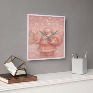 Relógio Quadrado Papai Noel do Mundo Encantado Rosa
