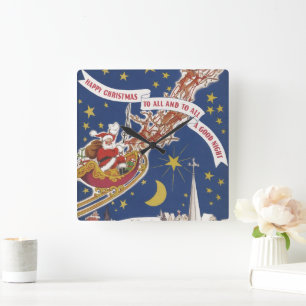 Relógio Quadrado Papai Noel do Natal Antigo com Rena Voadora