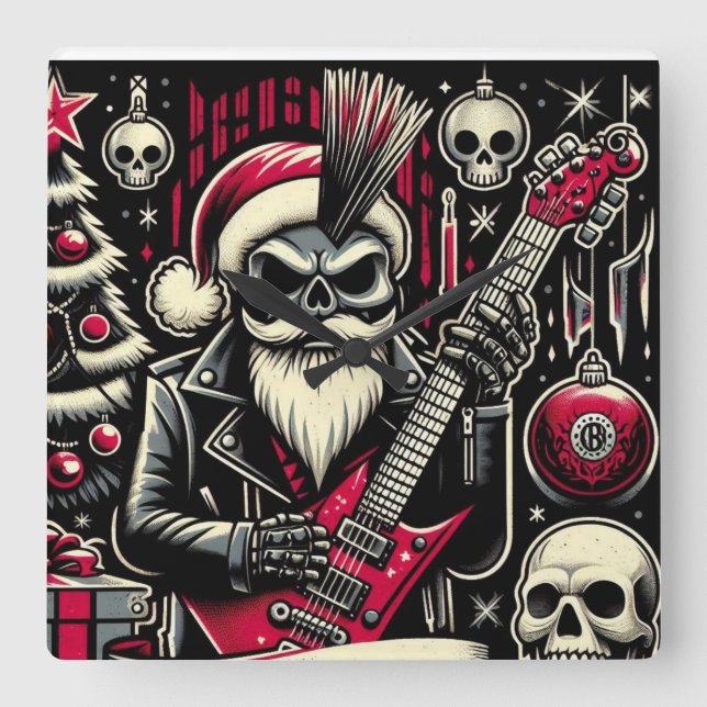 Relógio Quadrado Papai Noel roqueiro  (Frente)