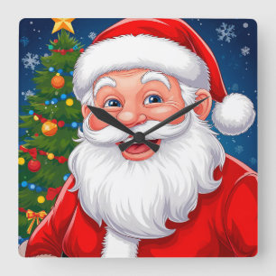 Relógio Quadrado Papai Noel sorridente de Natal com Chapéu Vermelho