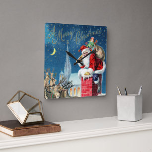 Relógio Quadrado Papai Noel Vitoriano de Natal Antigo na Chaminé