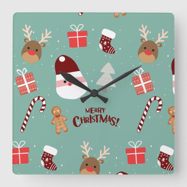 Relógio Quadrado Papais noeis Bonitos Reindeer Candy Cane Gingerpão (Frente)