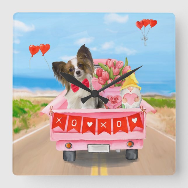 Relógio Quadrado Papillon Dog Truck Hearts Dia de os namorados (Frente)