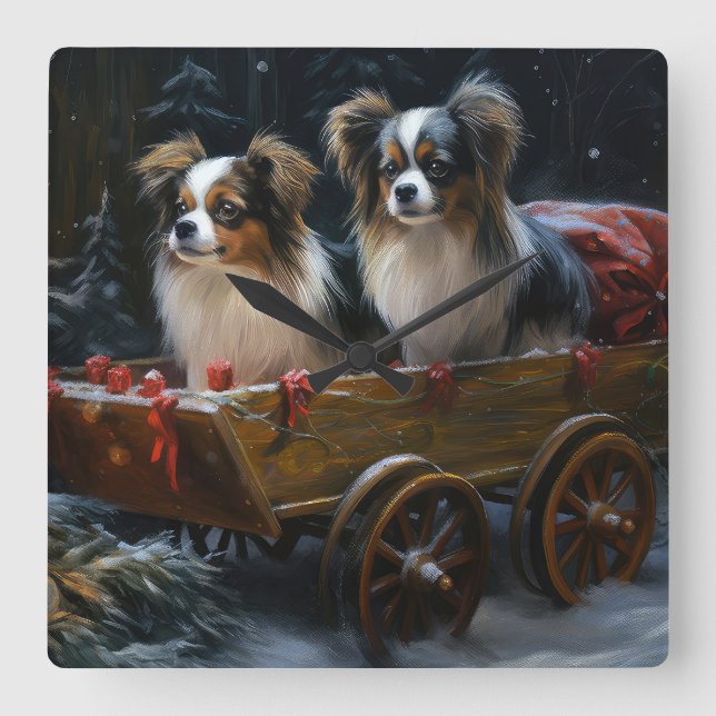 Relógio Quadrado Papillon Snowy Sleigh Decoração de Natal (Frente)