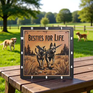 Relógio Quadrado Par de Cães Gravados Campo Outback