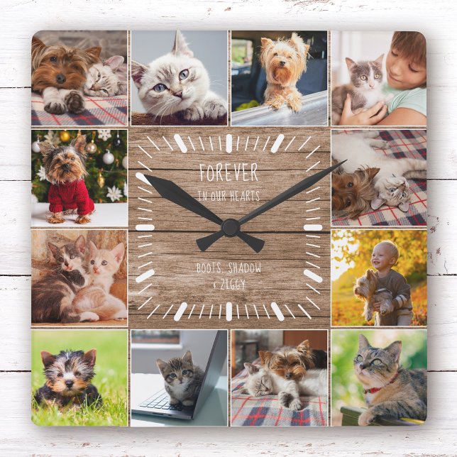 Relógio Quadrado Para sempre na Colagem Fotográfica do Pet Memorial (Collage clock with cute animals: kittens, puppies, etc. Center reads "Forever in Our Hearts")