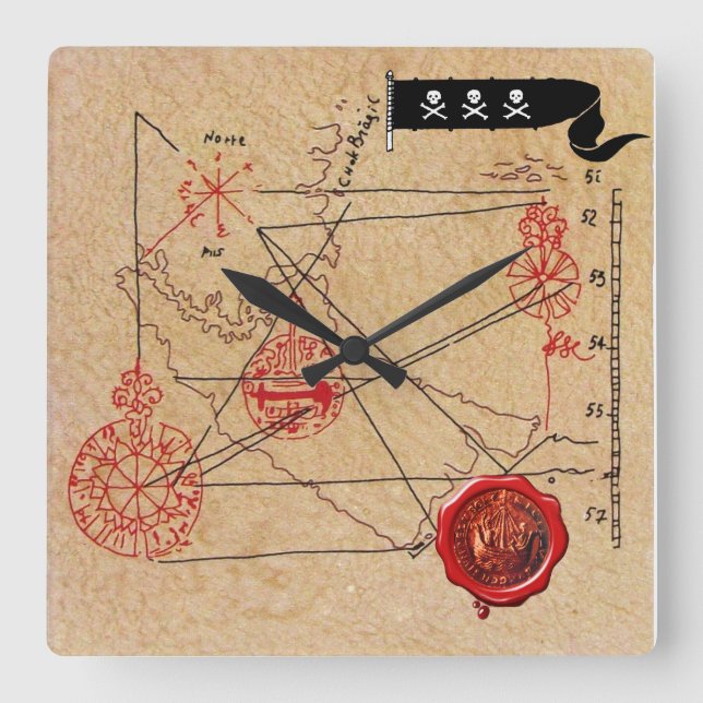 RELÓGIO QUADRADO PARCHE ANTIGO TALISMAN/PIRATAS DE MAPA DE TRATAMEN (Frente)