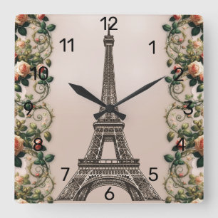 Relógio Quadrado Paris Rosa Rosa Vinhas Torre Eiffel Shabby Chic