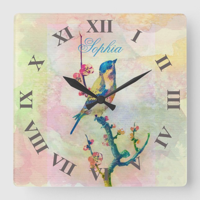 Relógio Quadrado Pássaro adorável bonito dos watercolours do (Frente)