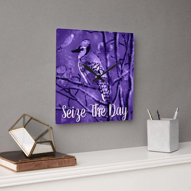 Relógio Quadrado Pássaro Azul Gaio Arte Abstrato Roxo Personalizado (Escritório)