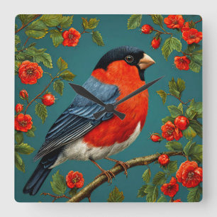 Relógio Quadrado Pássaro Bullfinch numa árvore