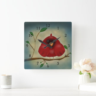 Relógio Quadrado Pássaro Cardinal Vermelho