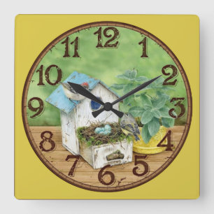 Relógio Quadrado Pássaro com Birdhouse
