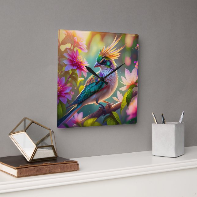 Relógio Quadrado Pássaro da Fantasia da Finch com Cabeça Verde Deit (Escritório)