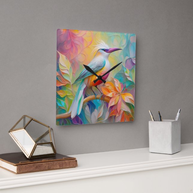 Relógio Quadrado Pássaro da fantasia vermelho-rosa-bico (Escritório)