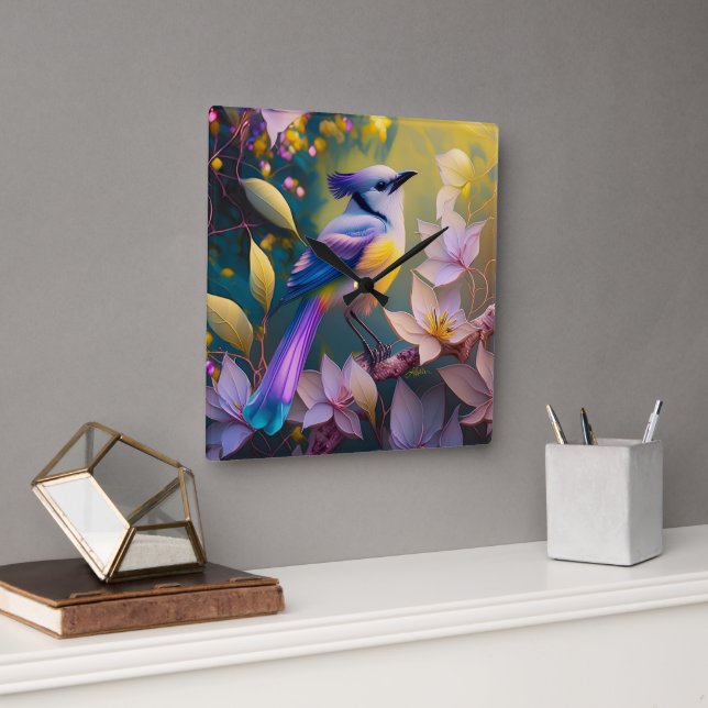 Relógio Quadrado Pássaro de Fantasia Amarelo Violet Tufado (Escritório)