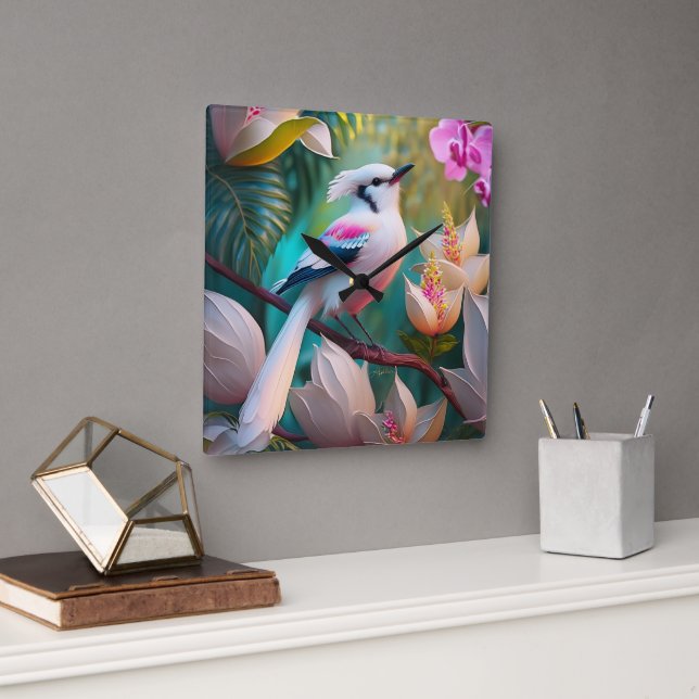 Relógio Quadrado Pássaro Fantástico Branca Pincado (Escritório)