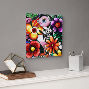 Relógio Quadrado Pássaro Puffin Abstrato Caprichoso em Flores