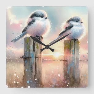 Relógio Quadrado Pássaros Aquarela Pastel Poste de Cerca Pôr do Sol