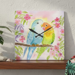 Relógio Quadrado Pássaros de Amor em Aquarela com Flores Rosa