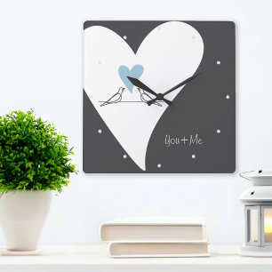 Relógio Quadrado Pássaros de Amor Personalizados Simples Coração Az