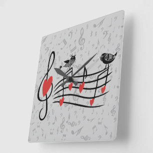 Relógio Quadrado Pássaros do amor da música em notas musicais