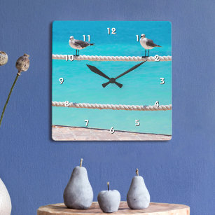 Relógio Quadrado Pássaros-do-mar-branco na foto oceânica da turques