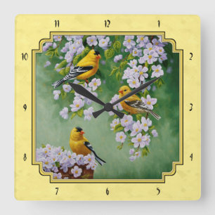 Relógio Quadrado Pássaros Goldfinch e Blossomas de Maçã Amarelos