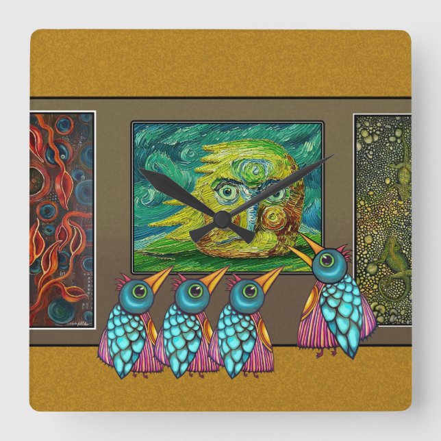 Relógio Quadrado Pássaros Na Galeria (Frente)