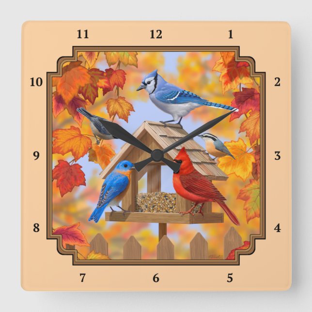 Relógio Quadrado Pássaros Reunindo Outono Laranja (Frente)