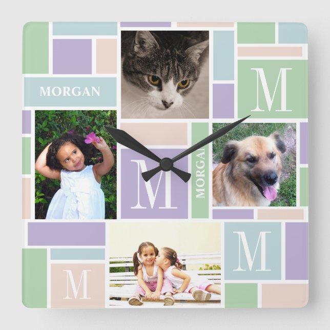 Relógio Quadrado Pastéis de diversão de blocos coloridos Simples Fo (Frente)