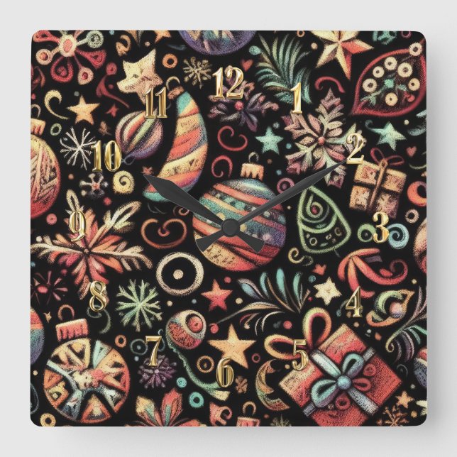 Relógio Quadrado Pastéis duros Desenhando Motinas de Natal (Frente)