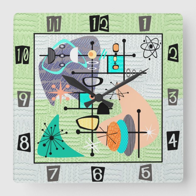 Relógio Quadrado Pastel Atomic Modern Meio século (Frente)