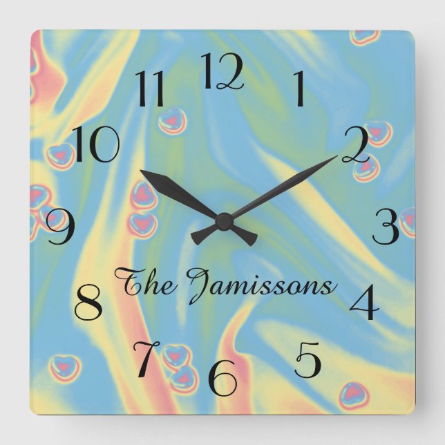 Relógio Quadrado Pastel Blue Small Hearts, Name, Round ou Square (Frente)