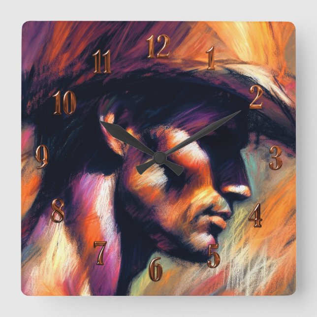 Relógio Quadrado Pastel Desenhando Estilo Bruto Desenho Cowboy Sem  (Frente)