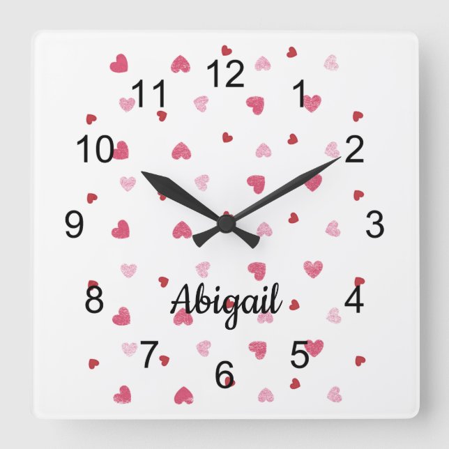 Relógio Quadrado Pastel Hearts on White Wall Clock (Frente)