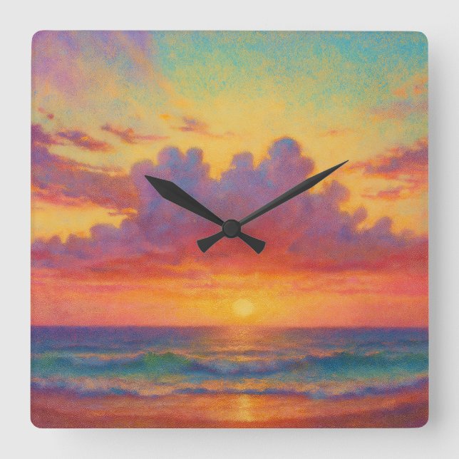 Relógio Quadrado Pastel Sunset Beach - Painterly Style Seascape  (Frente)