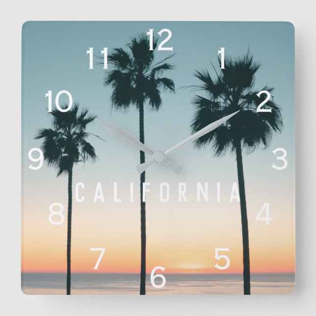 Relógio Quadrado Pastel Tropical Ombre Teal Laranja Palmeira Sunset (Frente)