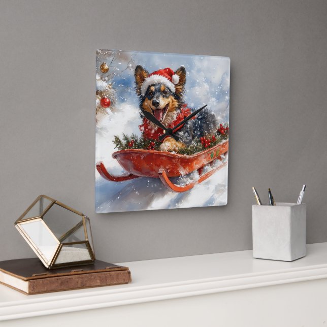 Relógio Quadrado Pastor belga em Sledge Deixem nevar o Natal (Escritório)