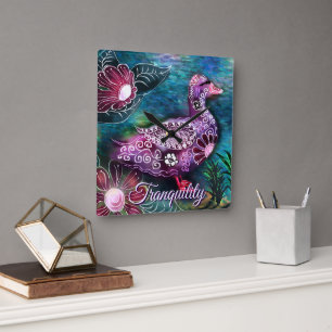 Relógio Quadrado Pato Floral Caprichoso Roxo Azul Personalizado