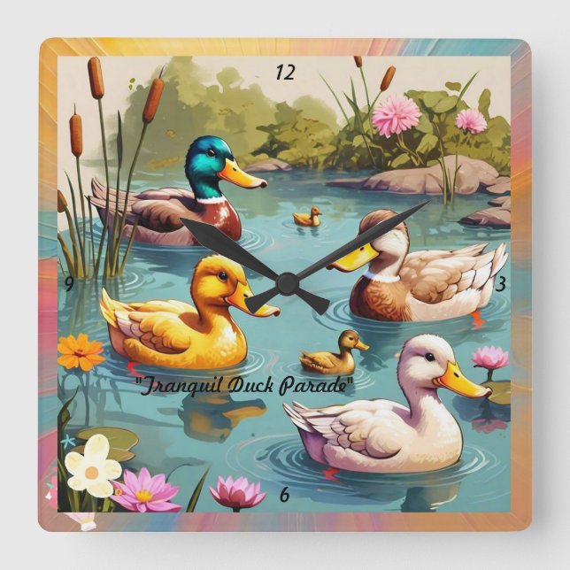 Relógio Quadrado "Patos encantadores no Pond" (Frente)