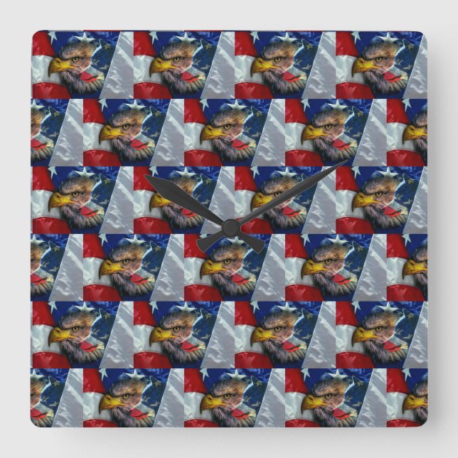 Relógio Quadrado Patriótica Americana Flag Bald Eagle Wolf (Frente)