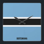 Relógio Quadrado Patriótico Nacional do Botsuana<br><div class="desc">Bloqueio de Parede Patriótico da Bandeira Nacional do Botsuana com a bandeira do país nas cores nacionais impressas o tempo todo. O nome do país é sutilmente integrado no design na parte inferior. O texto é totalmente personalizável usando "Personalizar!" característica. Este design charmoso é o presente espantoso e a peça...</div>