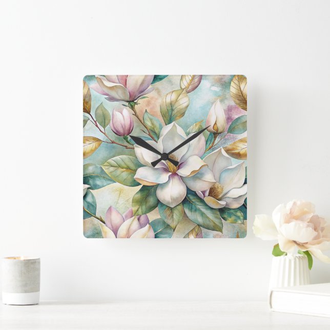 Relógio Quadrado Pattern Elegant Magnolias (Lar)