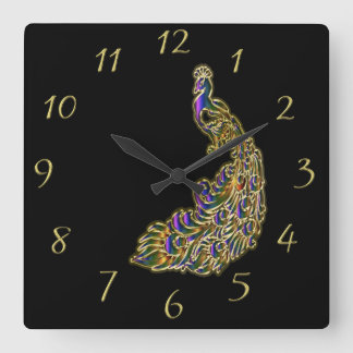 Relógio Quadrado Pavão Dourado e roxo brilhando intensamente