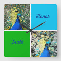 Peacock Art with Aqua and Green Squares