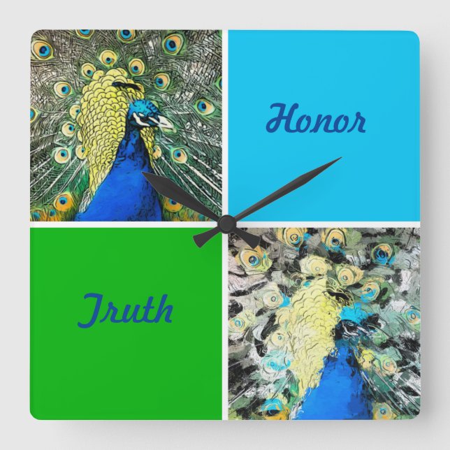 Relógio Quadrado Peacock Art with Aqua and Green Squares (Frente)