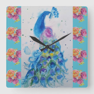 Relógio Quadrado Peacock Blue Bird Watercolor Aqua Rosa