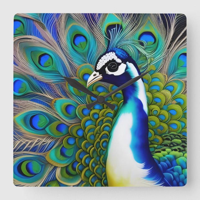 Relógio Quadrado Peacock Branco Azul e Verde (Frente)
