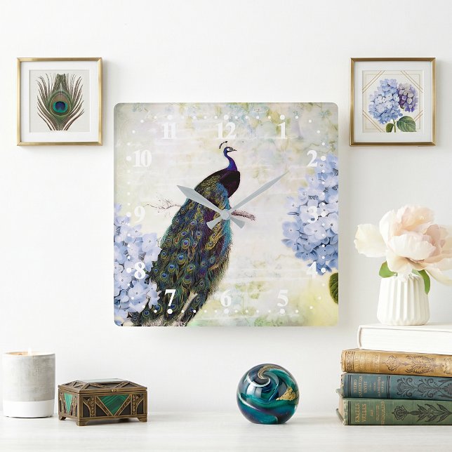 Relógio Quadrado Peacock e hydrangea (Criador carregado)